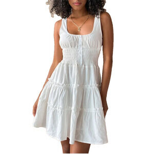 Lulu’s Fairy Your Sunny Day White Tiered Smocked Mini Dress Coquette Cottage S